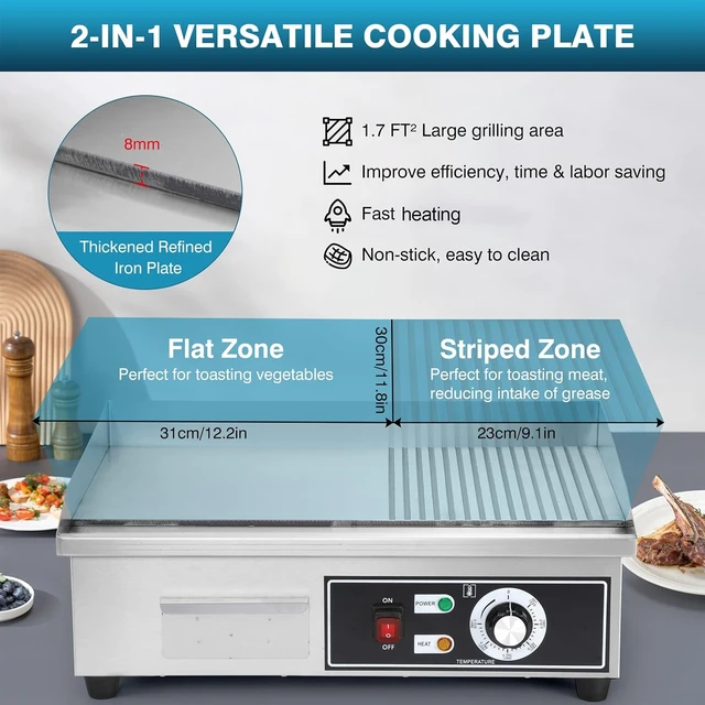 Alt view image 3 of 7 - Electric Griddle Nonstick 22 Inch, Stainless Steel Commercial Griddle for Indoor & Outdoor, 2-IN-1 Half Flat Top Griddle Grill for Restaurant & Home, 122-572 Adjustable Temperature