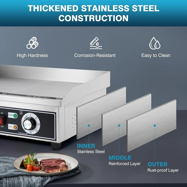 Alt view image 5 of 7 - Electric Griddle Nonstick 22 Inch, Stainless Steel Commercial Griddle for Indoor & Outdoor, 2-IN-1 Half Flat Top Griddle Grill for Restaurant & Home, 122-572 Adjustable Temperature