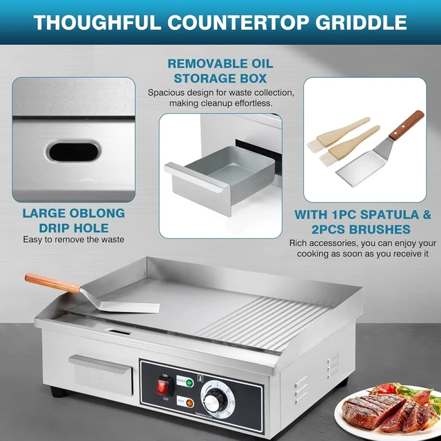 Alt view image 7 of 7 - Electric Griddle Nonstick 22 Inch, Stainless Steel Commercial Griddle for Indoor & Outdoor, 2-IN-1 Half Flat Top Griddle Grill for Restaurant & Home, 122-572 Adjustable Temperature