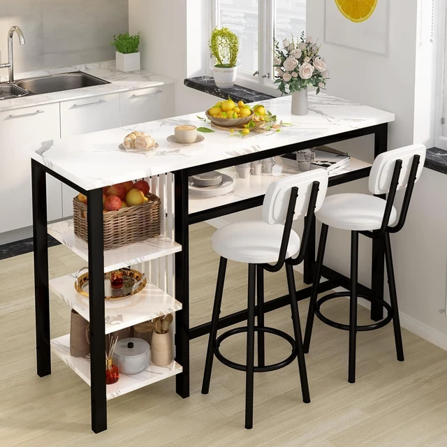 Main image of 3-Piece Bar Table and Chairs Set, Modern White Faux Marble Table with 2 PU Cushion Bar Stools, Kitchen Counter with 3 Tier Storage Shelves, Space Saving Table for Home & Kitchen, Black Frame