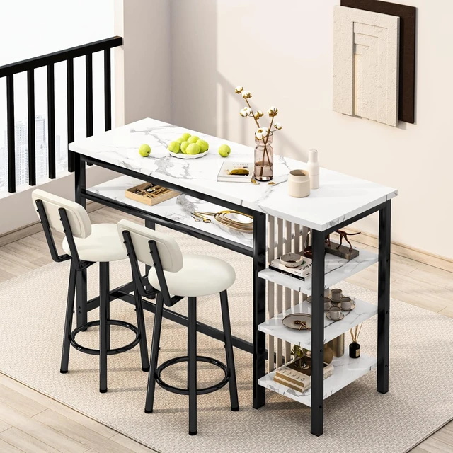 Alt view image 3 of 7 - 3-Piece Bar Table and Chairs Set, Modern White Faux Marble Table with 2 PU Cushion Bar Stools, Kitchen Counter with 3 Tier Storage Shelves, Space Saving Table for Home & Kitchen, Black Frame