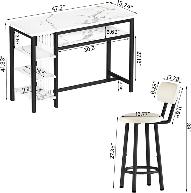 Alt view image 2 of 7 - 3-Piece Bar Table and Chairs Set, Modern White Faux Marble Table with 2 PU Cushion Bar Stools, Kitchen Counter with 3 Tier Storage Shelves, Space Saving Table for Home & Kitchen, Black Frame