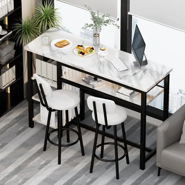Alt view image 4 of 7 - 3-Piece Bar Table and Chairs Set, Modern White Faux Marble Table with 2 PU Cushion Bar Stools, Kitchen Counter with 3 Tier Storage Shelves, Space Saving Table for Home & Kitchen, Black Frame