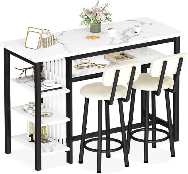 Alt view image 5 of 7 - 3-Piece Bar Table and Chairs Set, Modern White Faux Marble Table with 2 PU Cushion Bar Stools, Kitchen Counter with 3 Tier Storage Shelves, Space Saving Table for Home & Kitchen, Black Frame