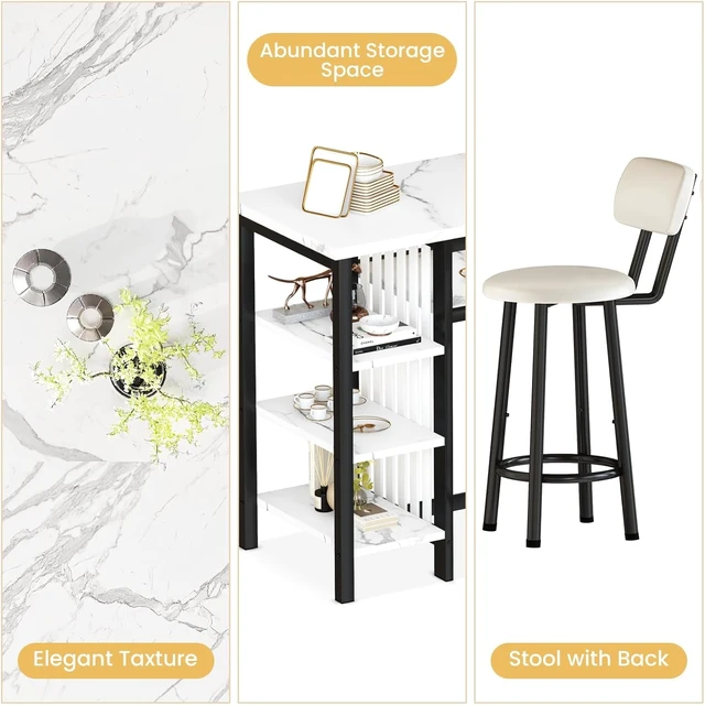 Alt view image 6 of 7 - 3-Piece Bar Table and Chairs Set, Modern White Faux Marble Table with 2 PU Cushion Bar Stools, Kitchen Counter with 3 Tier Storage Shelves, Space Saving Table for Home & Kitchen, Black Frame
