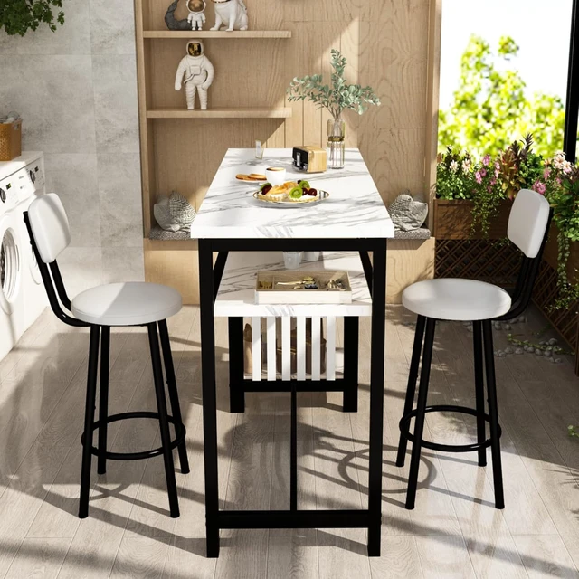 Alt view image 7 of 7 - 3-Piece Bar Table and Chairs Set, Modern White Faux Marble Table with 2 PU Cushion Bar Stools, Kitchen Counter with 3 Tier Storage Shelves, Space Saving Table for Home & Kitchen, Black Frame