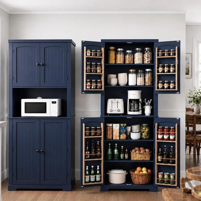 Main image of 72" Freestanding Beadboard Pantry Cabinet with Microwave Shelf