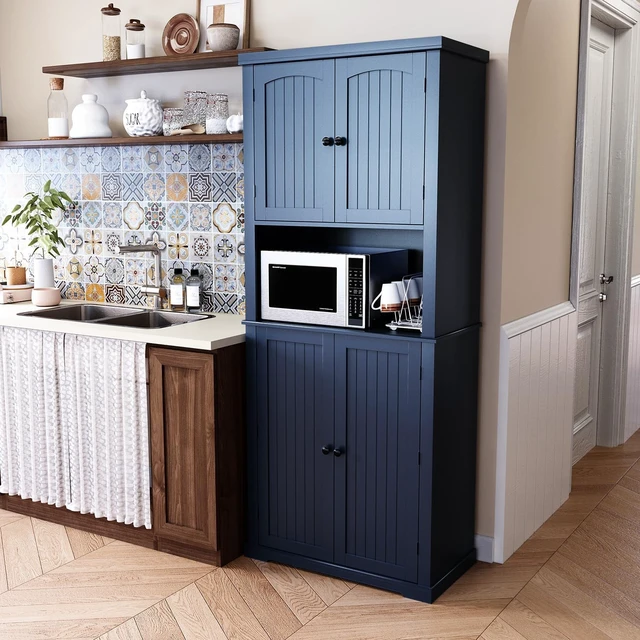 Alt view image 3 of 7 - 72" Freestanding Beadboard Pantry Cabinet with Microwave Shelf