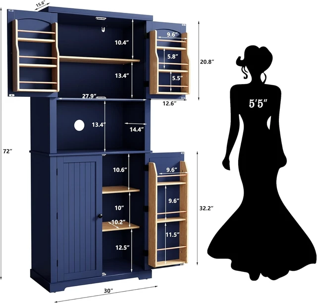Alt view image 2 of 7 - 72" Freestanding Beadboard Pantry Cabinet with Microwave Shelf