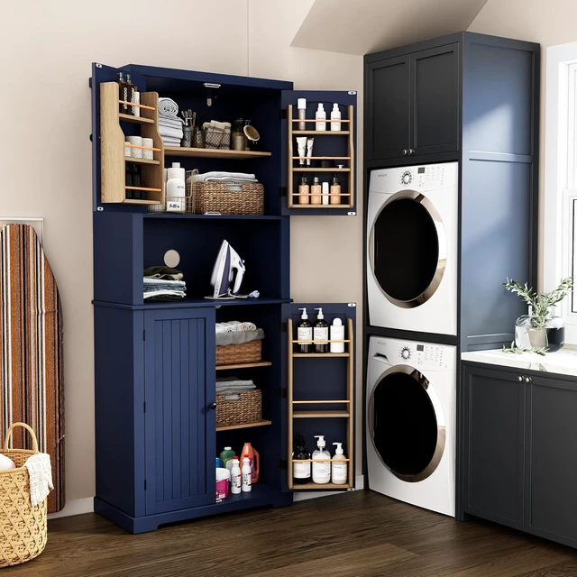 Alt view image 4 of 7 - 72" Freestanding Beadboard Pantry Cabinet with Microwave Shelf