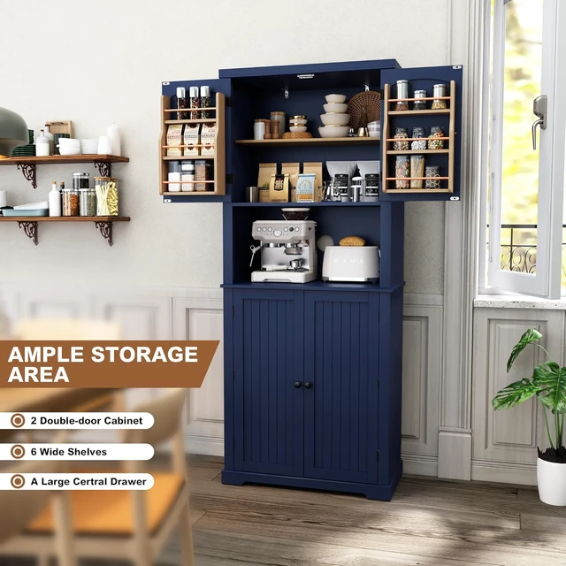 Alt view image 5 of 7 - 72" Freestanding Beadboard Pantry Cabinet with Microwave Shelf