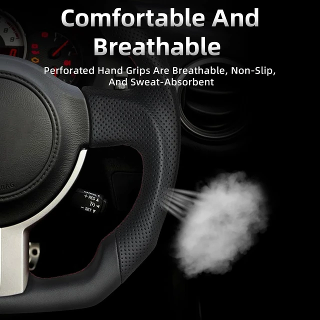 Alt view image 5 of 7 - Full Leather Steering Wheel for Toyota 86/Scion FR-S/Subaru BRZ 2012-2016 D-Shaped Flat Bottom Perforated Leather Steering Wheel Equipped with Anti Slip Grooves