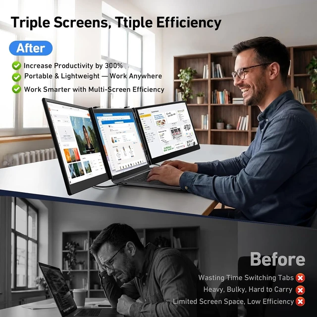 Alt view image 3 of 7 - 14" Triple Laptop Screen Extender, 3.0 lbs Lightweight FHD IPS Portable Monitor for Laptop, USB-C Plug & Play Multi Screen Attachment for 13-17.3" laptops with Windows/Mac/Chrome