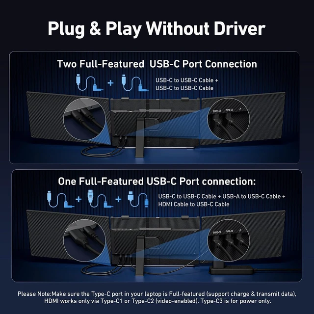 Alt view image 7 of 7 - 14" Triple Laptop Screen Extender, 3.0 lbs Lightweight FHD IPS Portable Monitor for Laptop, USB-C Plug & Play Multi Screen Attachment for 13-17.3" laptops with Windows/Mac/Chrome