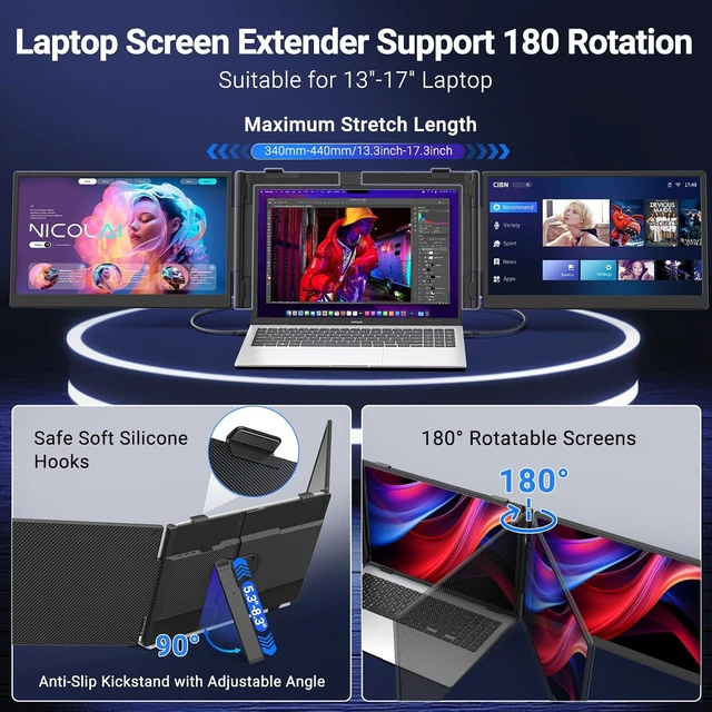 Alt view image 4 of 7 - 14" Laptop Screen Extender, 1080P FHD Triple Laptop Monitor Extender, 3.0lbs Ultra-Slim Portable Monitor Laptop Fit for 13"-17" Laptops, USB-C Plug&Play Travel Monitor Compatible with Wins/Mac/Chrome