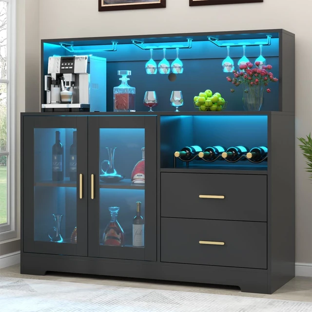 Main image of Bar Cabinet for Home with LED Light,Coffee Bar Cabinet w/ Wine & Glass Rack