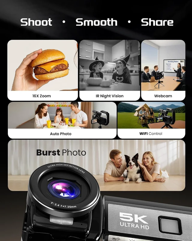 Alt view image 4 of 7 - 5K Video Camera Camcorder, UHD 64MP Vlogging Camera for YouTube with 3" 270° Rotatable Touch Screen, Digital Camera with IR Night Vision, 16X Zoom/WiFi/Webcam/HD/32GB Card/2 Batteries/Microphone