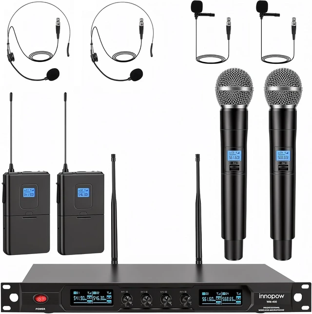 Main image of 4-Channel Wireless Microphone System, Quad UHF Metal Cordless Mic, 2 Handheld Mics, 2 Bodypack Mics, Long Distance150-200Ft, Fixed Frequency, 16 Hours Use for Karaoke Singing, Church