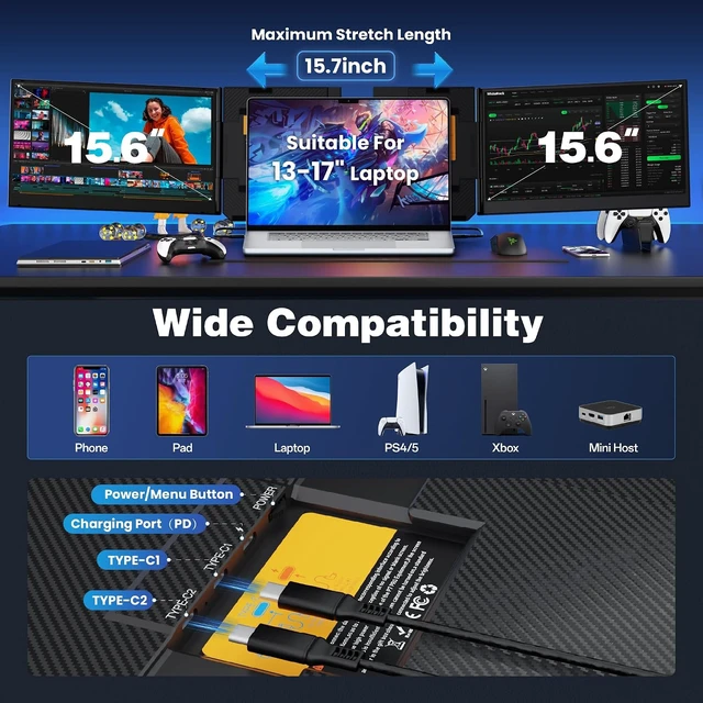 Alt view image 5 of 7 - New Upgrad Laptop Screen Extender Monitor Portable, Ultra Light & Thin Triple Portable Monitor for Laptop 1080P FHD IPS Display for 13-17" Laptop, Plug & Play Compatiable with Win/Mac/Chrome