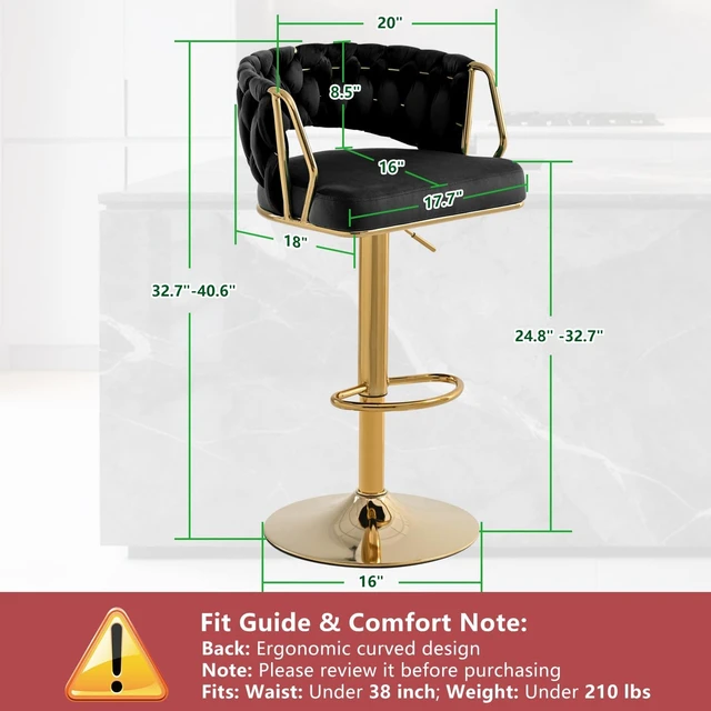 Alt view image 3 of 7 - Velvet Swivel Bar Stools: 24.8" to 32.7" Height Adjustable Upholstered Luxury Barstools Set of 2 for Counter Kitchen Island Tall Metal Bar Stool Gold & Black