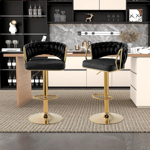 Alt view image 2 of 7 - Velvet Swivel Bar Stools: 24.8" to 32.7" Height Adjustable Upholstered Luxury Barstools Set of 2 for Counter Kitchen Island Tall Metal Bar Stool Gold & Black