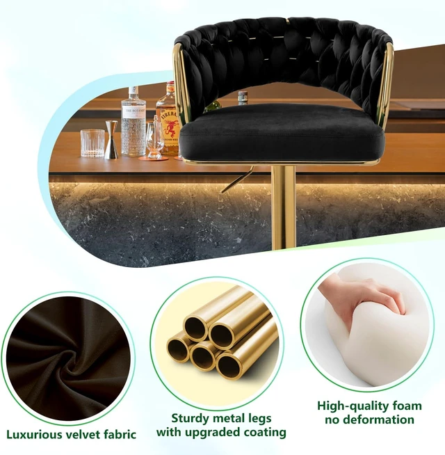 Alt view image 4 of 7 - Velvet Swivel Bar Stools: 24.8" to 32.7" Height Adjustable Upholstered Luxury Barstools Set of 2 for Counter Kitchen Island Tall Metal Bar Stool Gold & Black