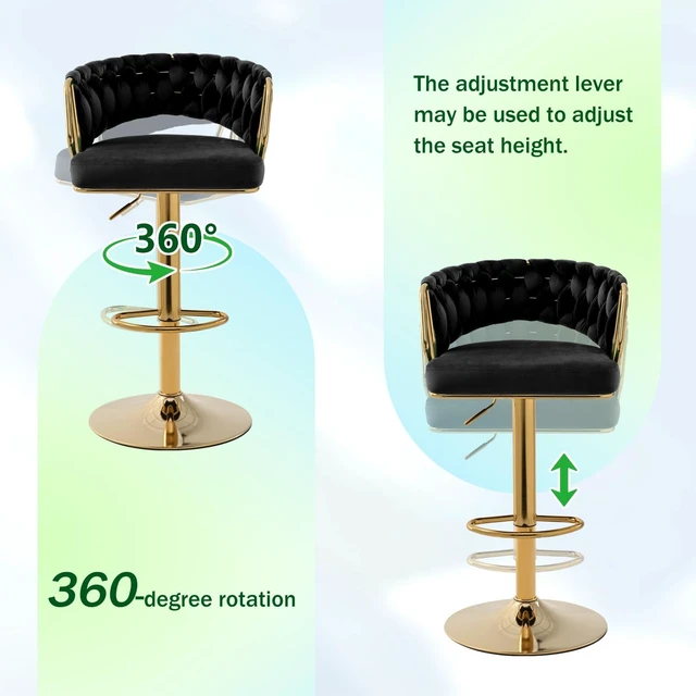 Alt view image 6 of 7 - Velvet Swivel Bar Stools: 24.8" to 32.7" Height Adjustable Upholstered Luxury Barstools Set of 2 for Counter Kitchen Island Tall Metal Bar Stool Gold & Black