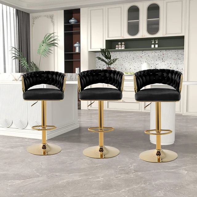 Alt view image 7 of 7 - Velvet Swivel Bar Stools: 24.8" to 32.7" Height Adjustable Upholstered Luxury Barstools Set of 2 for Counter Kitchen Island Tall Metal Bar Stool Gold & Black