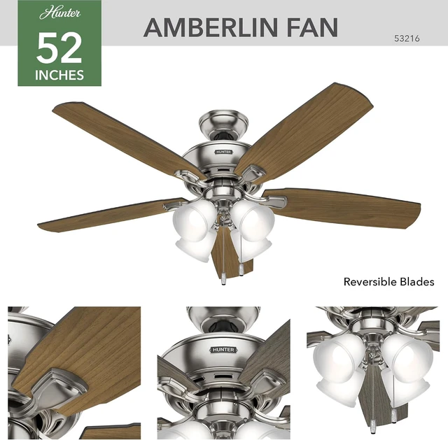 Alt view image 5 of 7 - Amberlin, Indoor, Ceiling Fan, Pull Chain, 52 inch, Brushed Nickel
