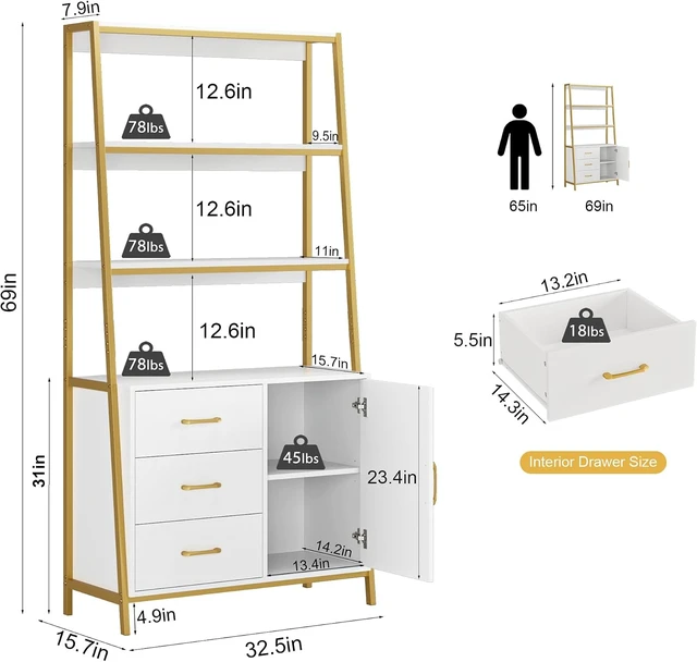 Alt view image 3 of 7 - White Gold Bookshelf, 69" H Ladder Book Shelf with Drawers & Shelves