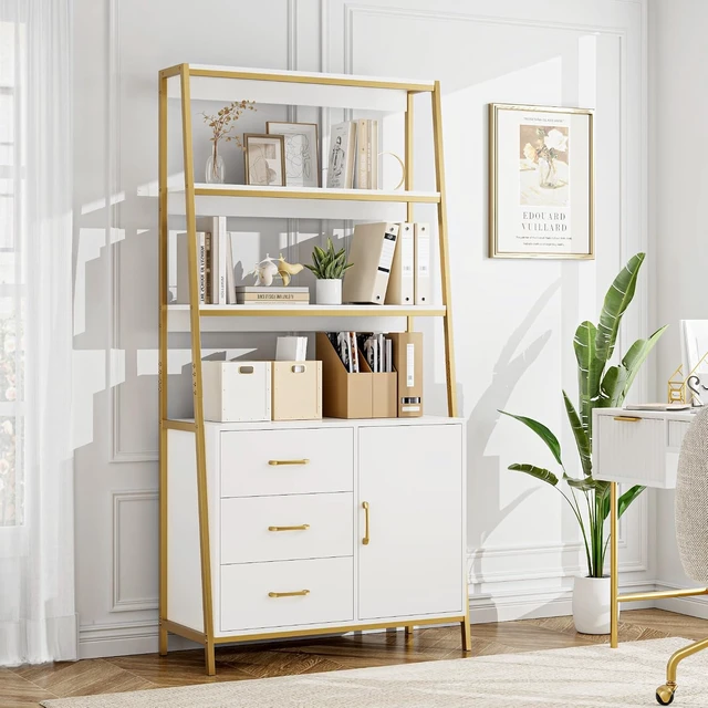 Alt view image 2 of 7 - White Gold Bookshelf, 69" H Ladder Book Shelf with Drawers & Shelves