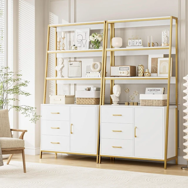 Alt view image 4 of 7 - White Gold Bookshelf, 69" H Ladder Book Shelf with Drawers & Shelves