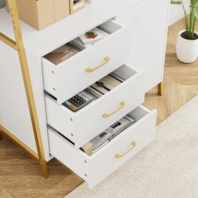 Alt view image 6 of 7 - White Gold Bookshelf, 69" H Ladder Book Shelf with Drawers & Shelves