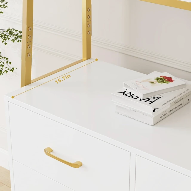 Alt view image 7 of 7 - White Gold Bookshelf, 69" H Ladder Book Shelf with Drawers & Shelves