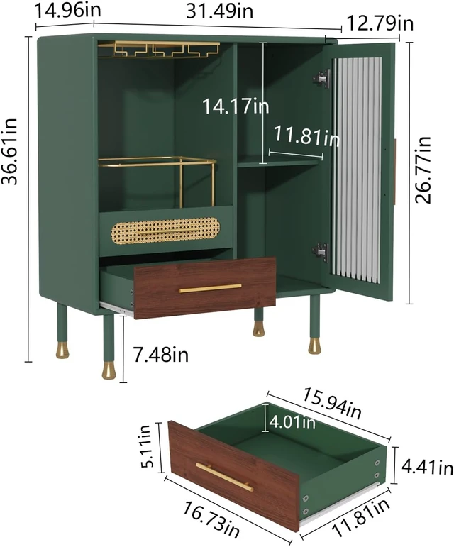 Alt view image 2 of 7 - Modern Coffee Bar Cabinet with Pull-Out Wine Storage, Green