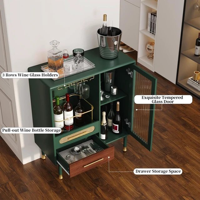 Alt view image 3 of 7 - Modern Coffee Bar Cabinet with Pull-Out Wine Storage, Green