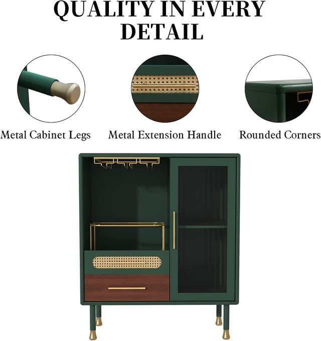 Alt view image 4 of 7 - Modern Coffee Bar Cabinet with Pull-Out Wine Storage, Green