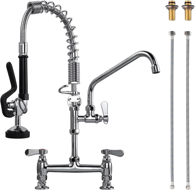 Main image of Commercial Kitchen Faucet Deck Mount with Pre-Rinse Sprayer 21" Height Kitchen Sink Faucet 8 Inch Center with 10" Add-on Swing Spout Faucet & Coiled Spring Pull Down Spray