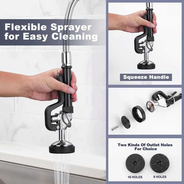 Alt view image 4 of 7 - Commercial Kitchen Faucet Deck Mount with Pre-Rinse Sprayer 21" Height Kitchen Sink Faucet 8 Inch Center with 10" Add-on Swing Spout Faucet & Coiled Spring Pull Down Spray