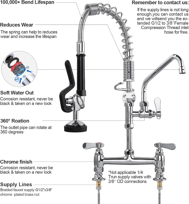 Alt view image 5 of 7 - Commercial Kitchen Faucet Deck Mount with Pre-Rinse Sprayer 21" Height Kitchen Sink Faucet 8 Inch Center with 10" Add-on Swing Spout Faucet & Coiled Spring Pull Down Spray