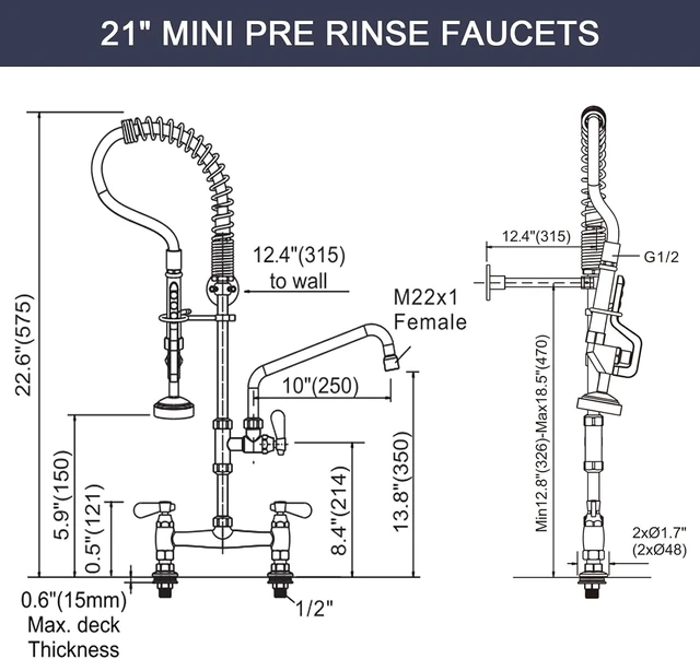 Alt view image 6 of 7 - Commercial Kitchen Faucet Deck Mount with Pre-Rinse Sprayer 21" Height Kitchen Sink Faucet 8 Inch Center with 10" Add-on Swing Spout Faucet & Coiled Spring Pull Down Spray