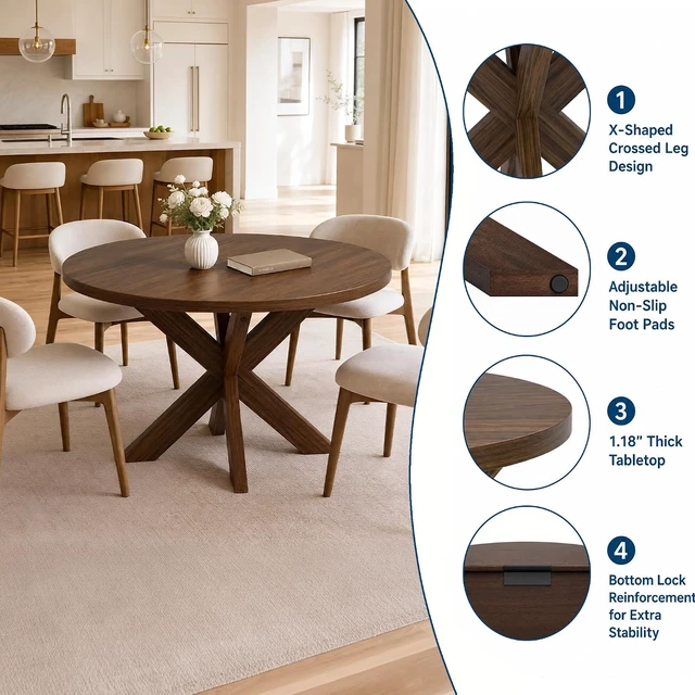 Alt view image 3 of 7 - 47" Round Dining Table for 4, Wood Circle Kitchen Table,x Leg Base