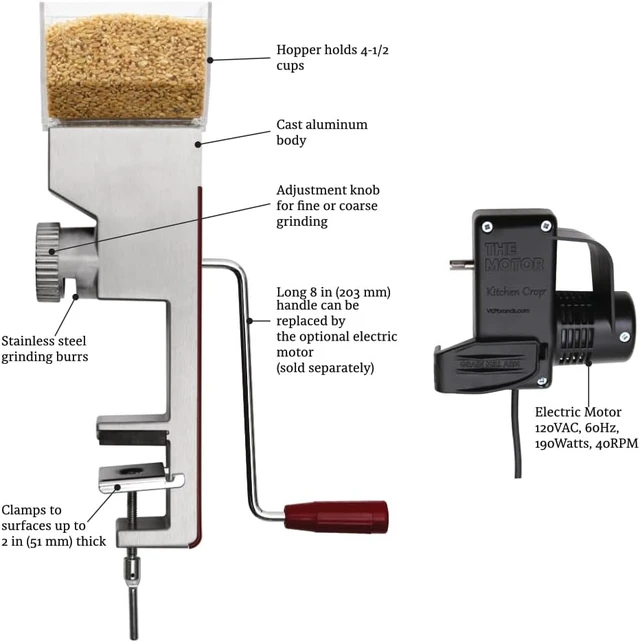 Alt view image 5 of 6 - Grain Mill Wheat Flour Grinder, Stainless Steel Metal Burrs (Deluxe Grain Mill + The Motor)