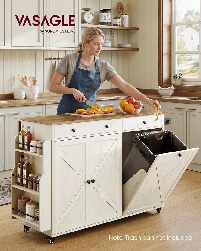 Alt view image 2 of 7 - Mobile Kitchen Island with Trash Can Storage, Drop Leaf