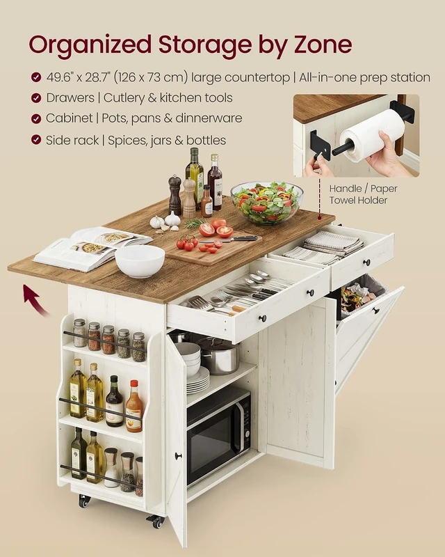 Alt view image 3 of 7 - Mobile Kitchen Island with Trash Can Storage, Drop Leaf