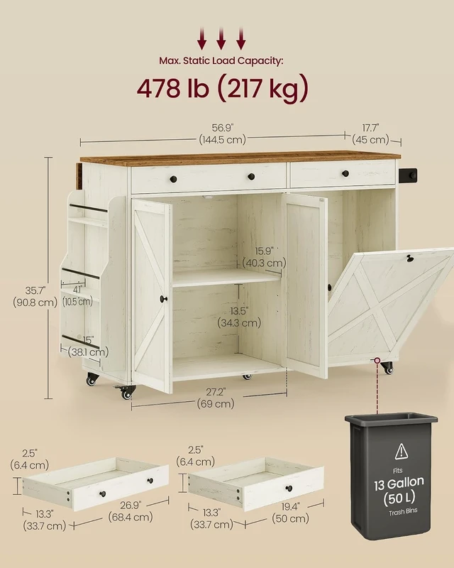 Alt view image 6 of 7 - Mobile Kitchen Island with Trash Can Storage, Drop Leaf