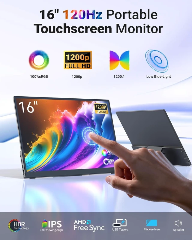 Alt view image 2 of 7 - 16 inch Portable Monitor Touchscreen FHD 1200P IPS Display Travel Monitor with Stand/Speaker, Low Blue Light Screen, USB-C HDMI Touch Screen Extended Monitor for Laptop MacBook PC Xbox PS4/5