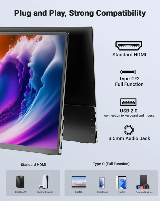 Alt view image 7 of 7 - 16 inch Portable Monitor Touchscreen FHD 1200P IPS Display Travel Monitor with Stand/Speaker, Low Blue Light Screen, USB-C HDMI Touch Screen Extended Monitor for Laptop MacBook PC Xbox PS4/5