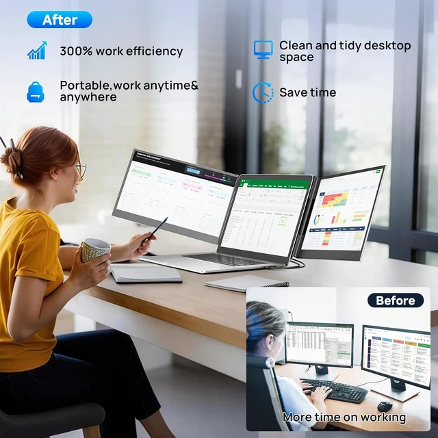 Alt view image 3 of 7 - Laptop Screen Extender 15.6", 1080P FHD Triple Portable Monitor for Laptops 13-17.3", Ultra-Slim Dual Monitor Extender for Windows/Mac/Chrome/Dex, USB-C/HDMI Plug and Play