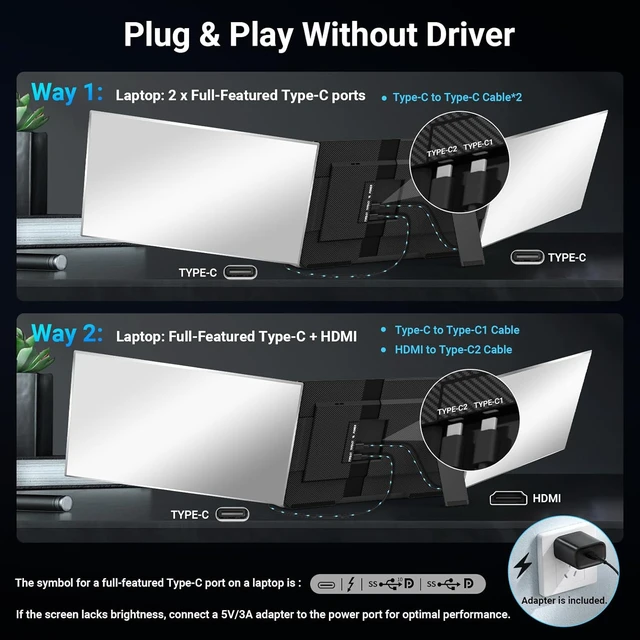 Alt view image 4 of 7 - 15.6" Laptop Screen Extender, 1080P FHD Triple Portable Monitor for Laptops, Ultra-Slim Travel Dual Monitor Fit for 12"-17.3" Laptops, USB-C Plug&Play Extended Screen Compatible with Win/Mac/Android